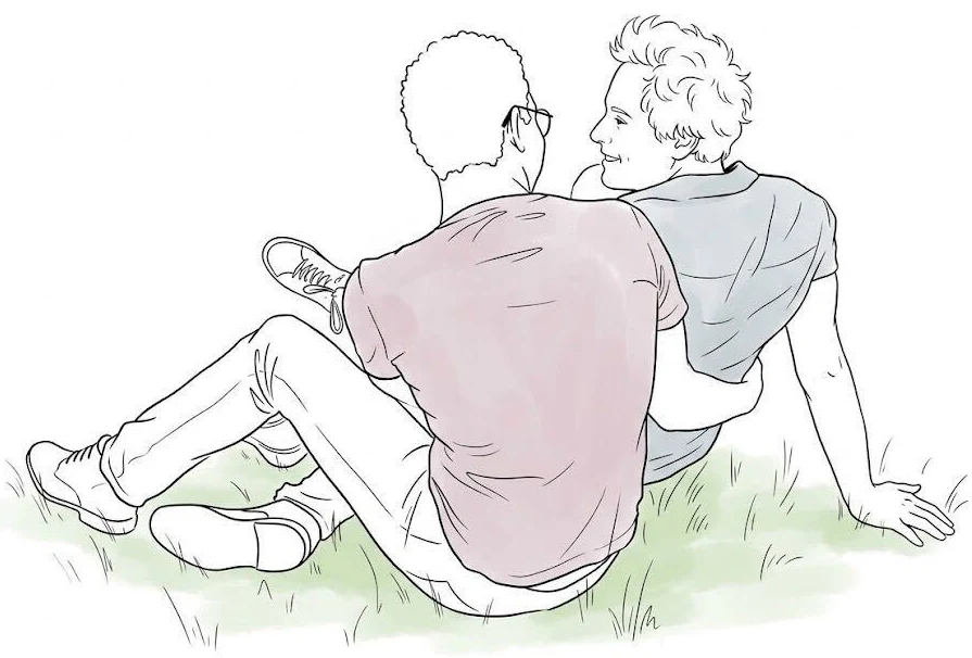 Line drawing of two men relaxing on the grass