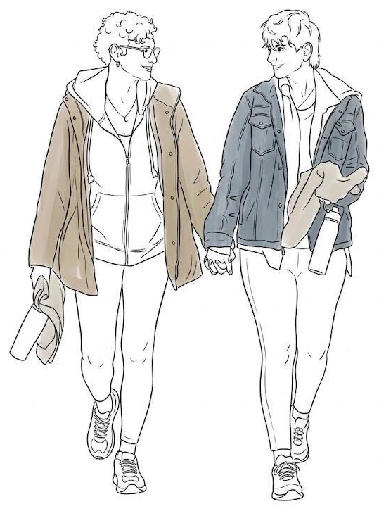 Line drawing of two women walking hand in hand